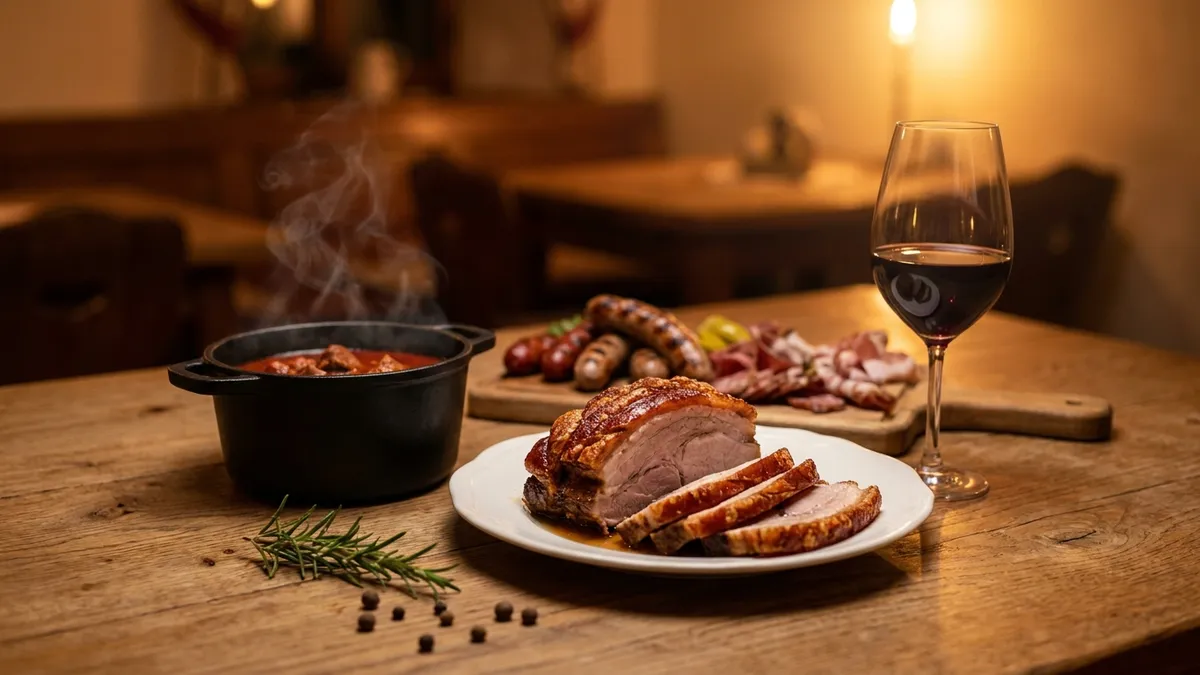 A rustic table set with roast pork, paprika goulash, and grilled sausages beside a glass of dark Blaufränkisch