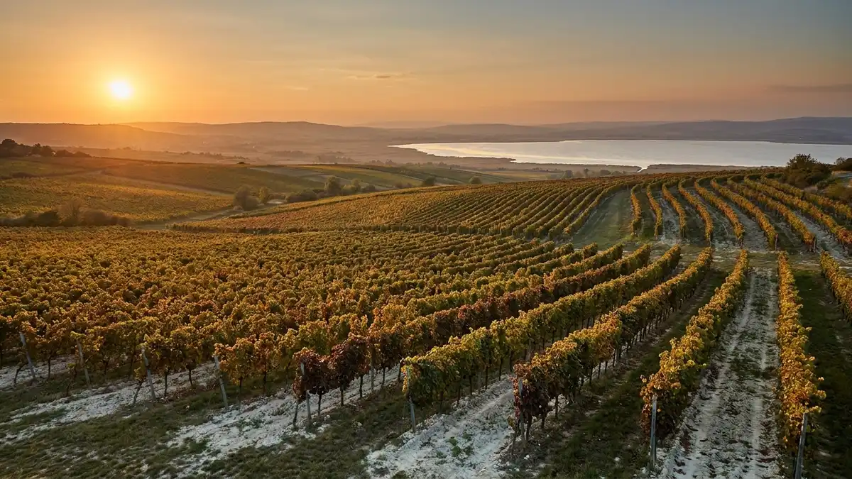 Rolling Burgundy-colored vineyard hills of Austria's Burgenland region at golden hour with a lake in the distance