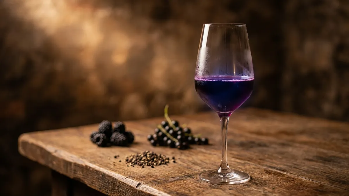 A glass of deep purple-ruby Blaufränkisch wine on a wooden table with dark berries and cracked black pepper in soft focus behind