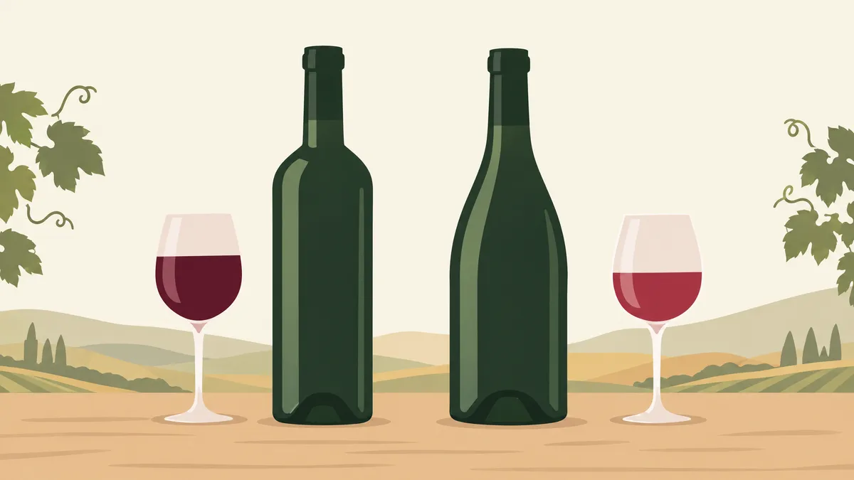 Illustration of a straight-sided, high-shouldered Bordeaux bottle beside a wider Burgundy bottle with sloping shoulders, each with a small glass of red wine