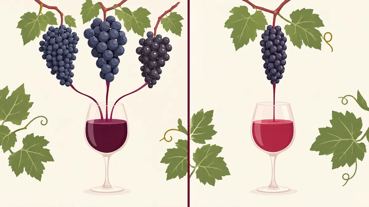 Illustration of three different grape clusters pouring into one glass of dark red wine, beside a single compact Pinot Noir cluster pouring into a glass of pale ruby wine