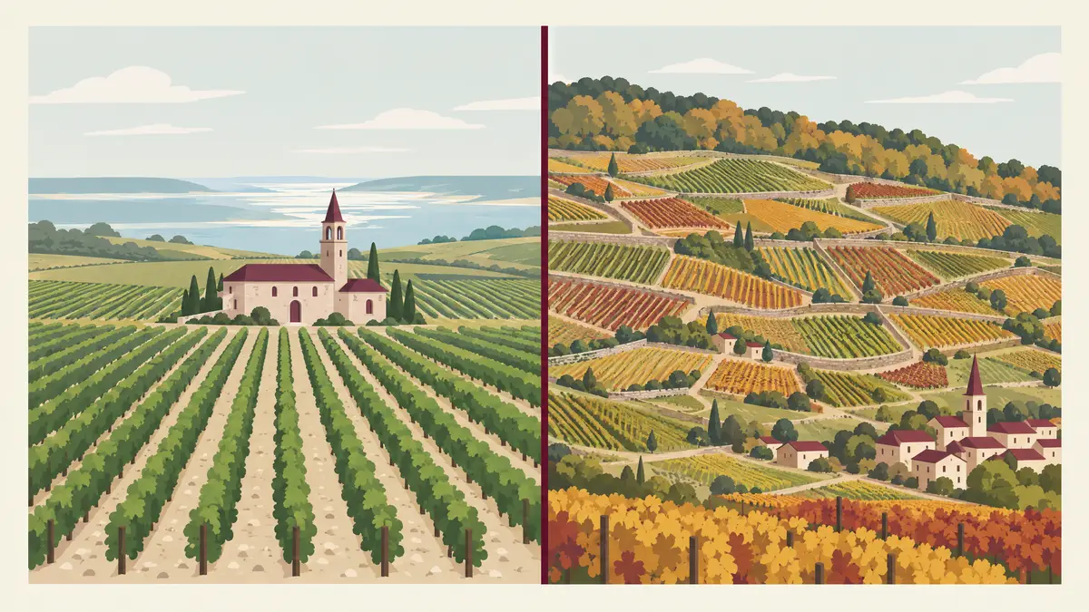 Illustration of a single estate house among even vine rows on a flat gravel plain beside a hillside cut into many small walled vineyard plots