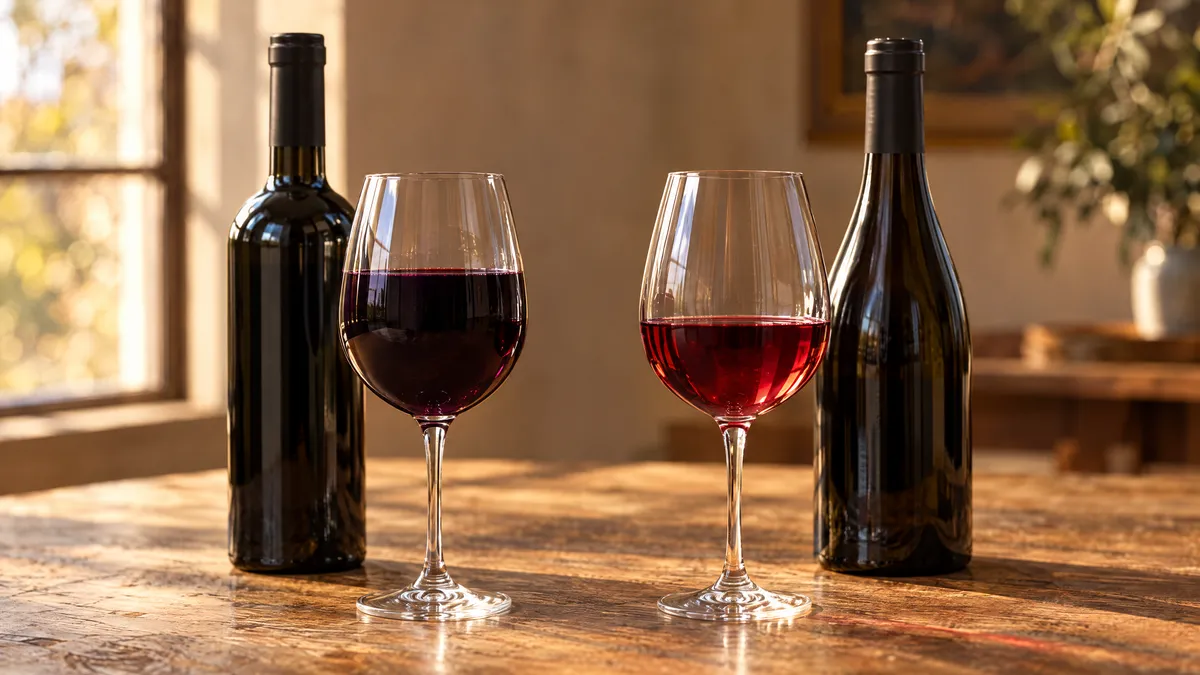 A high-shouldered bottle beside a glass of dark red Bordeaux and a sloping-shouldered bottle beside a glass of pale ruby Burgundy on an oak table