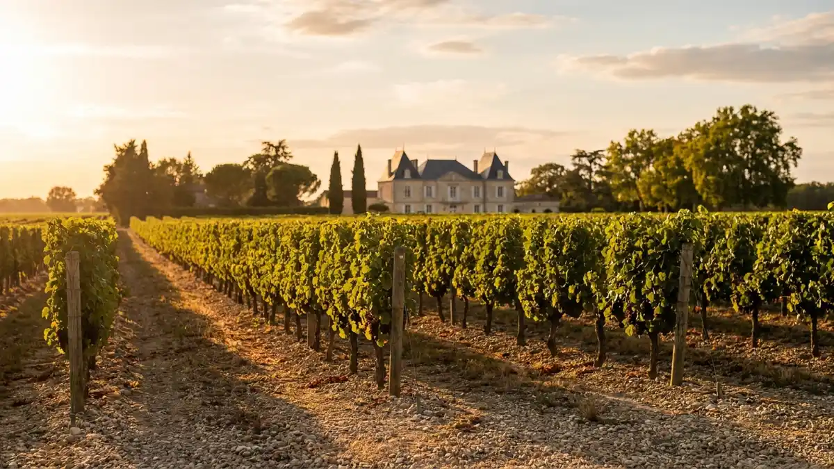 Sweeping Médoc vineyard on the Left Bank of Bordeaux at golden hour, gravel-soiled rows of Cabernet Sauvignon vines stretching toward a distant stone château