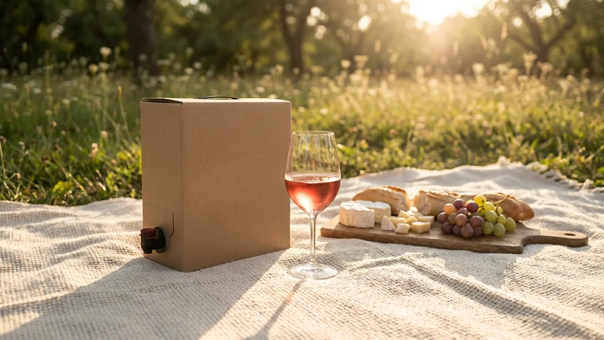 A bag-in-box wine on a picnic blanket outdoors with a poured glass, cheese, and bread, golden late-afternoon light