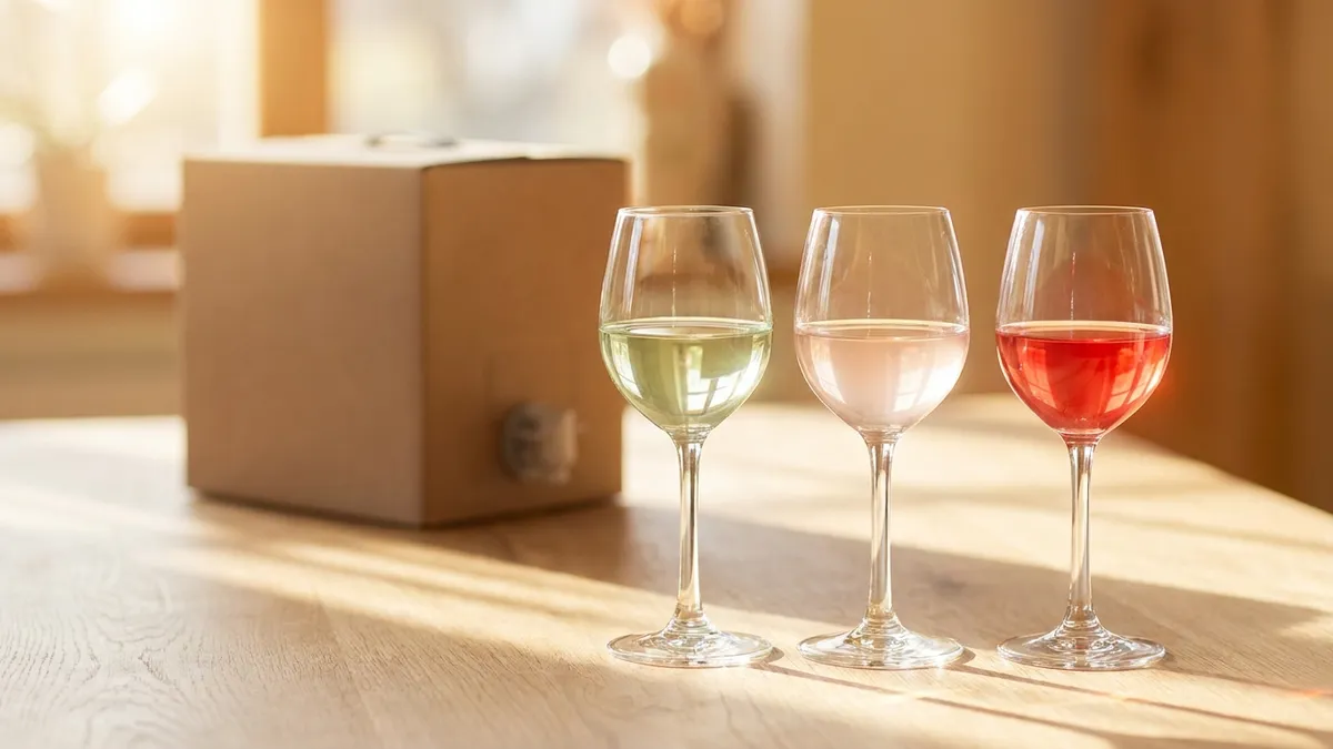 Three glasses of wine — a pale white, a dry rosé, and a bright red — poured from bag-in-box packaging on a bright table, warm light