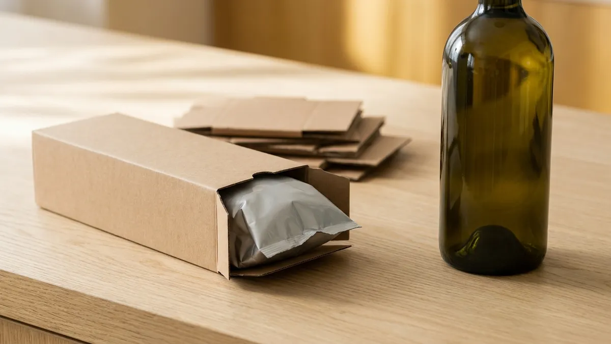 A flat-packed cardboard wine box beside a heavy glass bottle on a wooden surface, illustrating the packaging weight difference, soft natural light