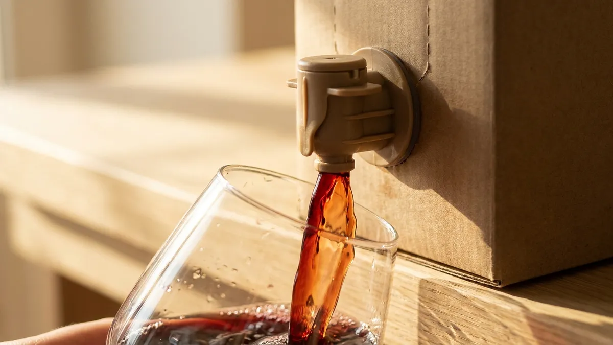 Close-up of the plastic tap on a bag-in-box pouring red wine into a glass, warm daylight, shallow depth of field