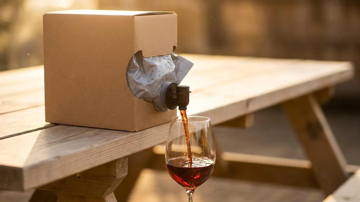 A three-liter bag-in-box wine on a sunlit picnic table with a glass of red poured from the tap, the cardboard box and collapsing bladder visible
