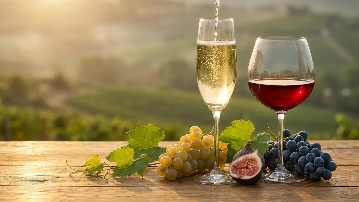 A flute of pale Brazilian sparkling wine beside a glass of deep ruby red, set on a wooden table with misty green vineyard hills behind in warm evening light