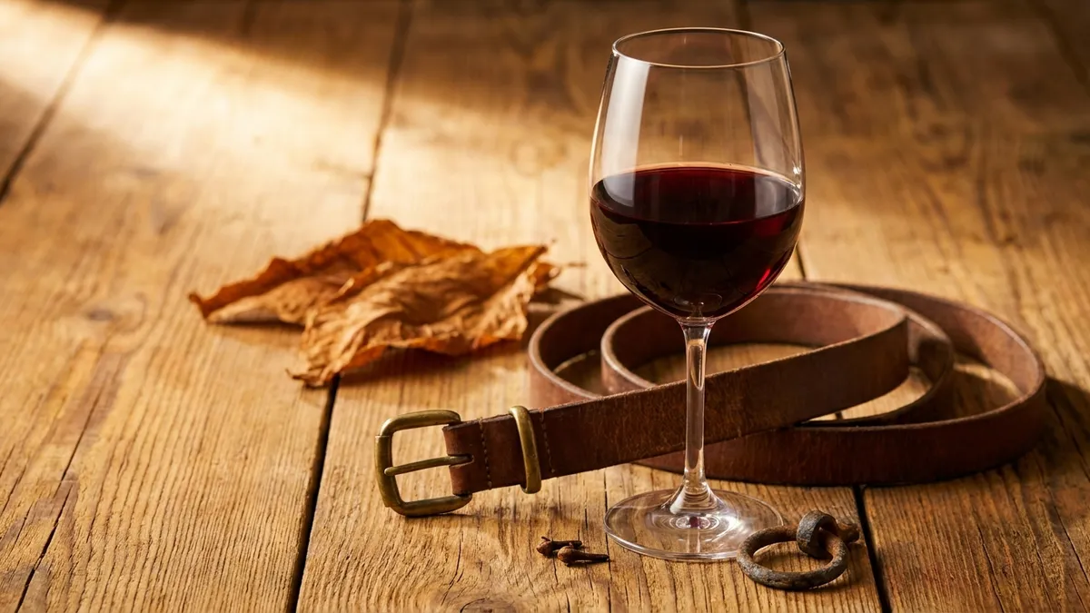 A glass of dark red wine on a wooden barrel head with a leather saddle blurred in the background, suggesting the barnyard and leather aromas associated with brett