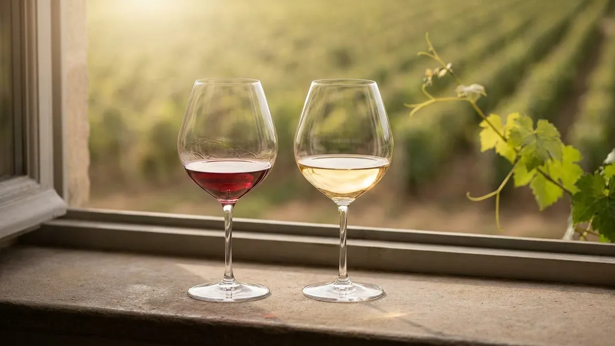 Side-by-side glasses of pale ruby red Burgundy Pinot Noir and pale gold white Burgundy Chardonnay on a stone ledge