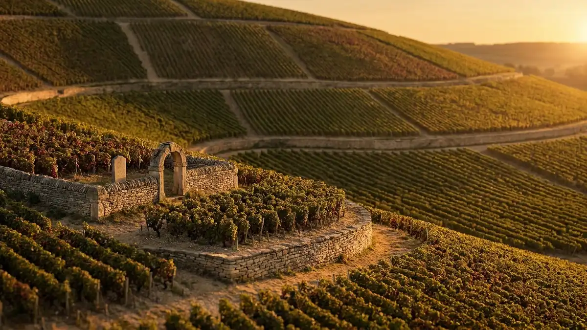 A simple four-step pyramid of Burgundy classification carved into a vineyard hillside, from broad regional vines up to a single fenced grand cru plot