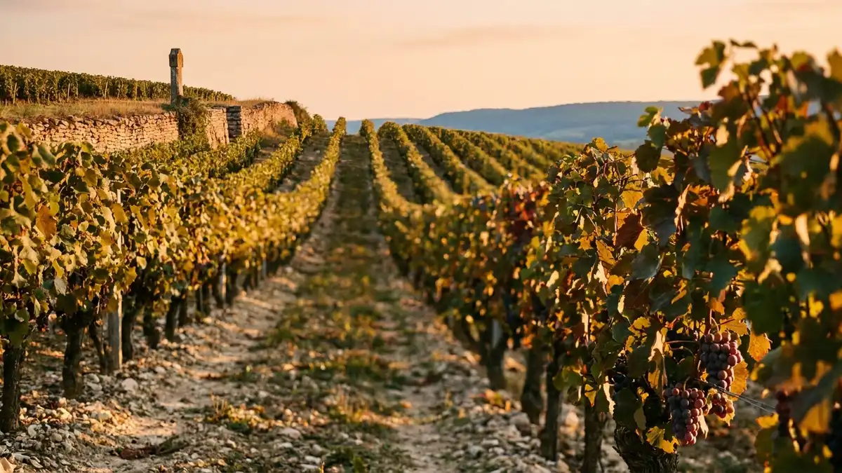 Rolling Côte d'Or vineyard slope in Burgundy at golden hour, neat rows of Pinot Noir vines climbing toward a small stone wall
