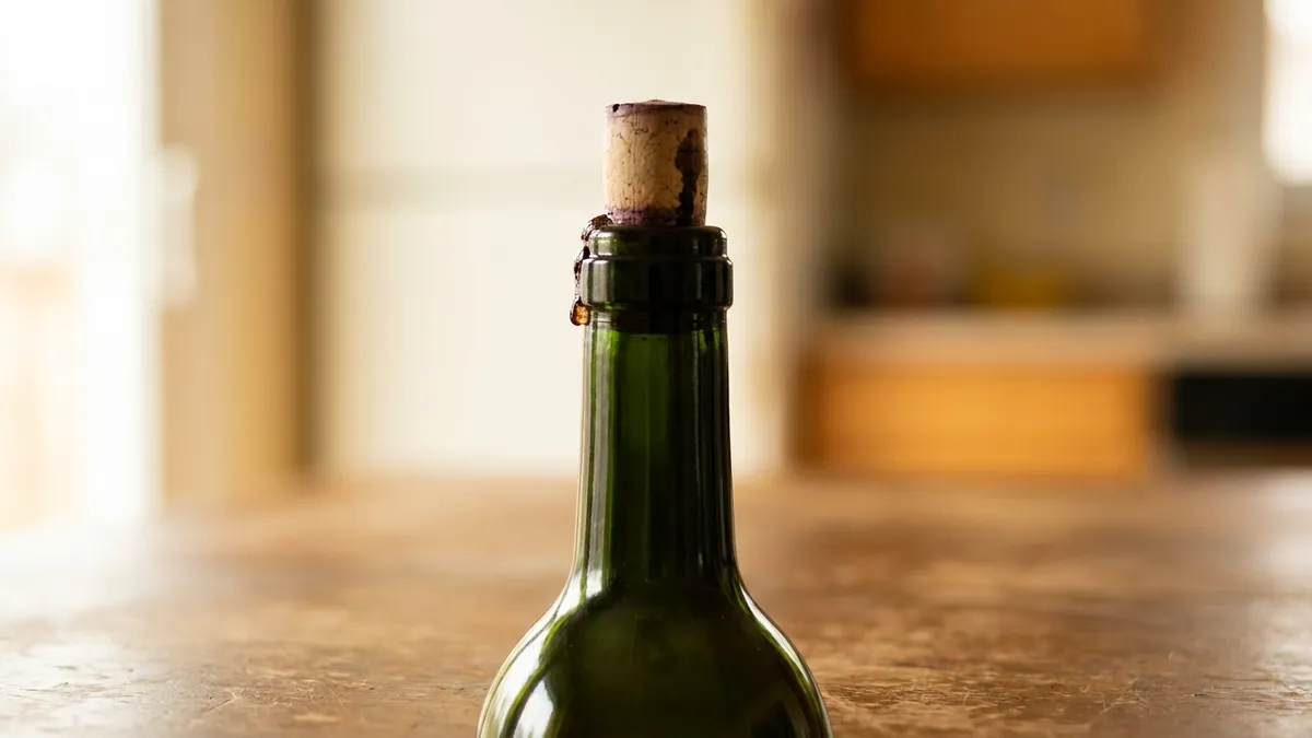 Close-up of a green wine bottle neck with the cork pushed up above the rim and a dried wine drip on the lip