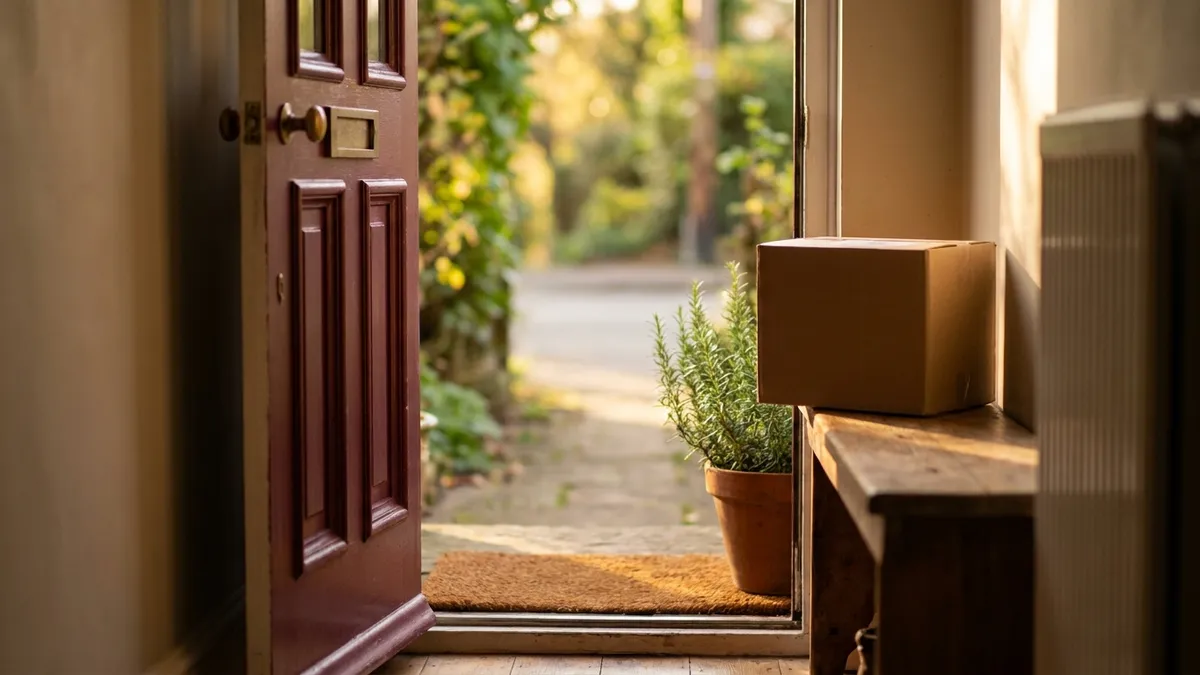 A plain cardboard parcel on a wooden bench inside an open burgundy front door, afternoon sun and a pot of rosemary beside it