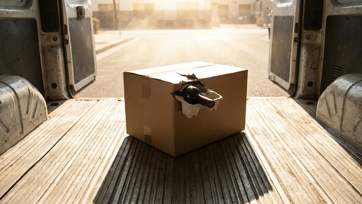 A cardboard wine shipper with a bottle neck showing through a torn corner, sitting on the metal floor of a delivery van in harsh summer sun