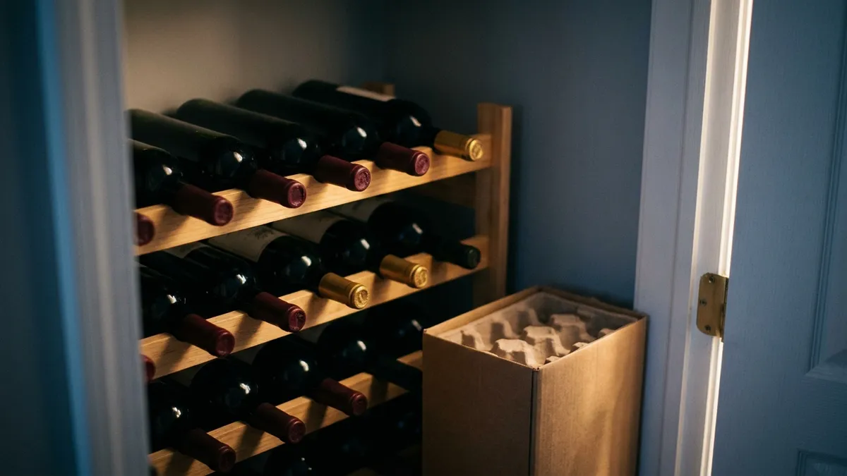 Unlabeled wine bottles resting on their sides in a wooden rack inside a dim closet, an emptied shipping box beside them