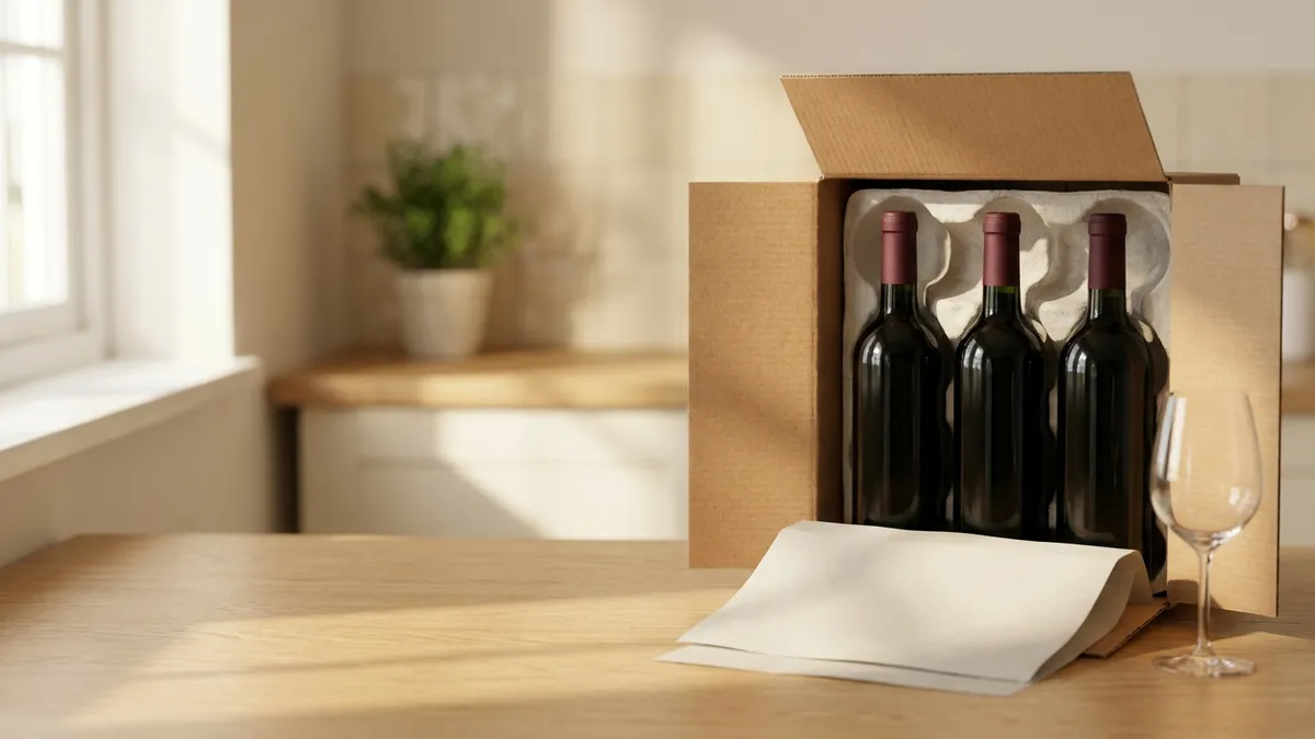 An open cardboard wine shipper on a sunlit kitchen table with three dark bottles held in a pulp insert beside an empty wine glass