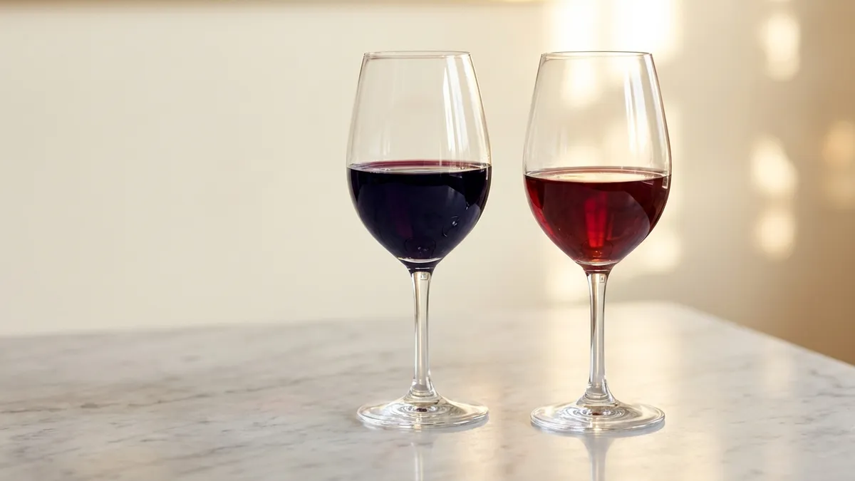 Two wine glasses side by side on a clean surface — one containing deep inky Cabernet Sauvignon and the other slightly lighter ruby Merlot — with warm natural light between them
