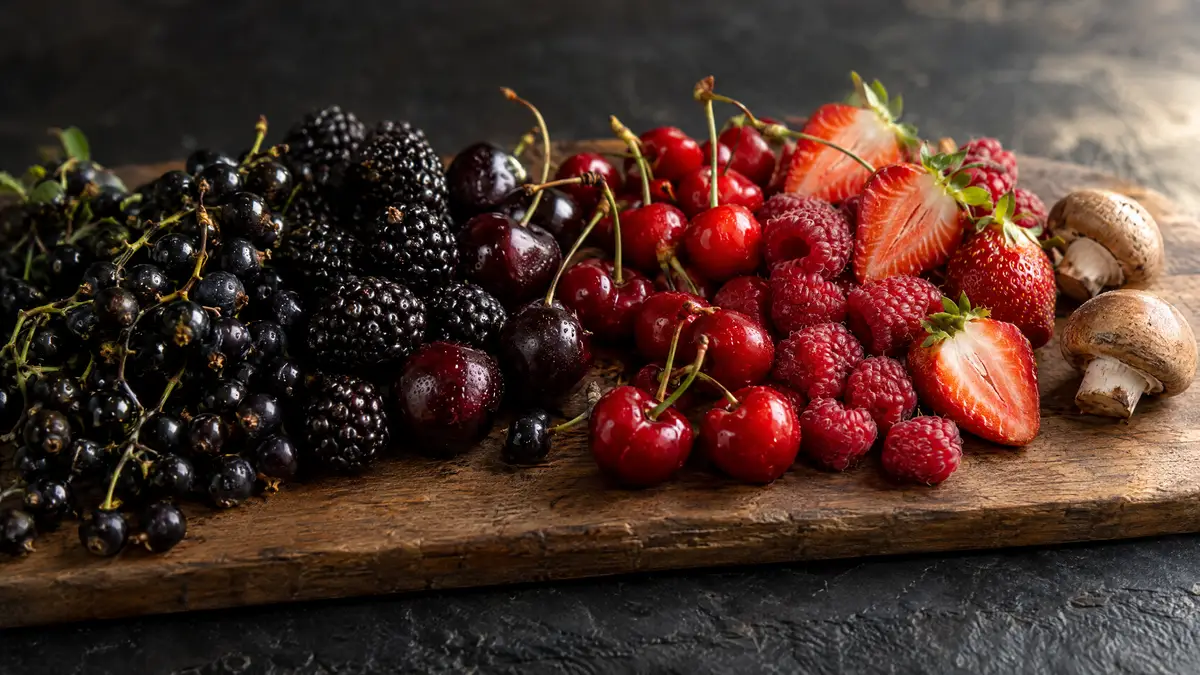 Fresh blackcurrants, blackberries and black cherries on one side of a wooden board, red cherries, raspberries and strawberries on the other