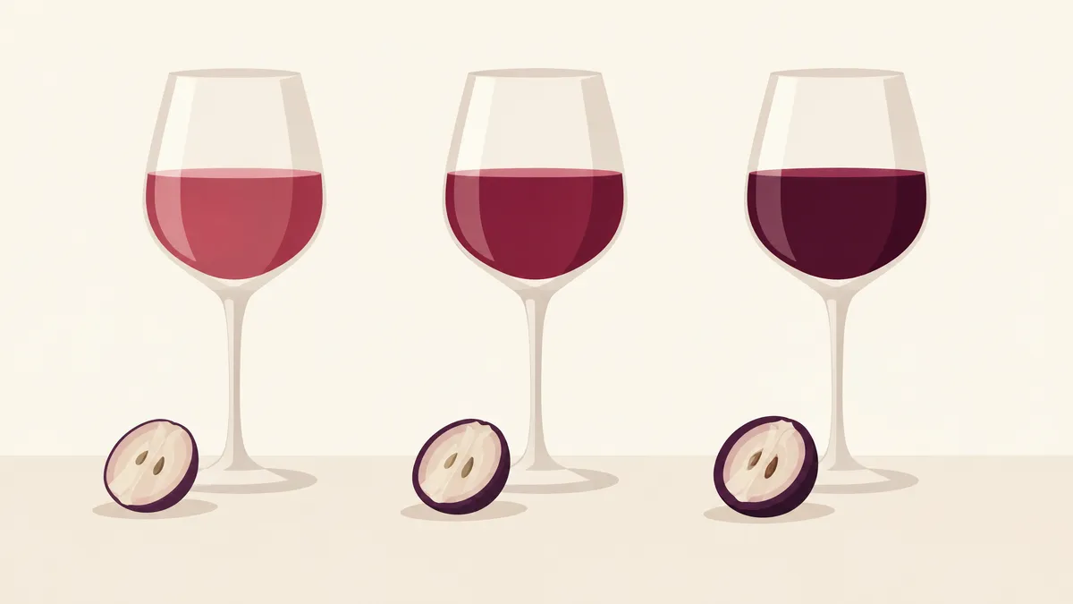 Scale of three red wine glasses from pale ruby to medium ruby to deep purple-red, each beside a halved black grape