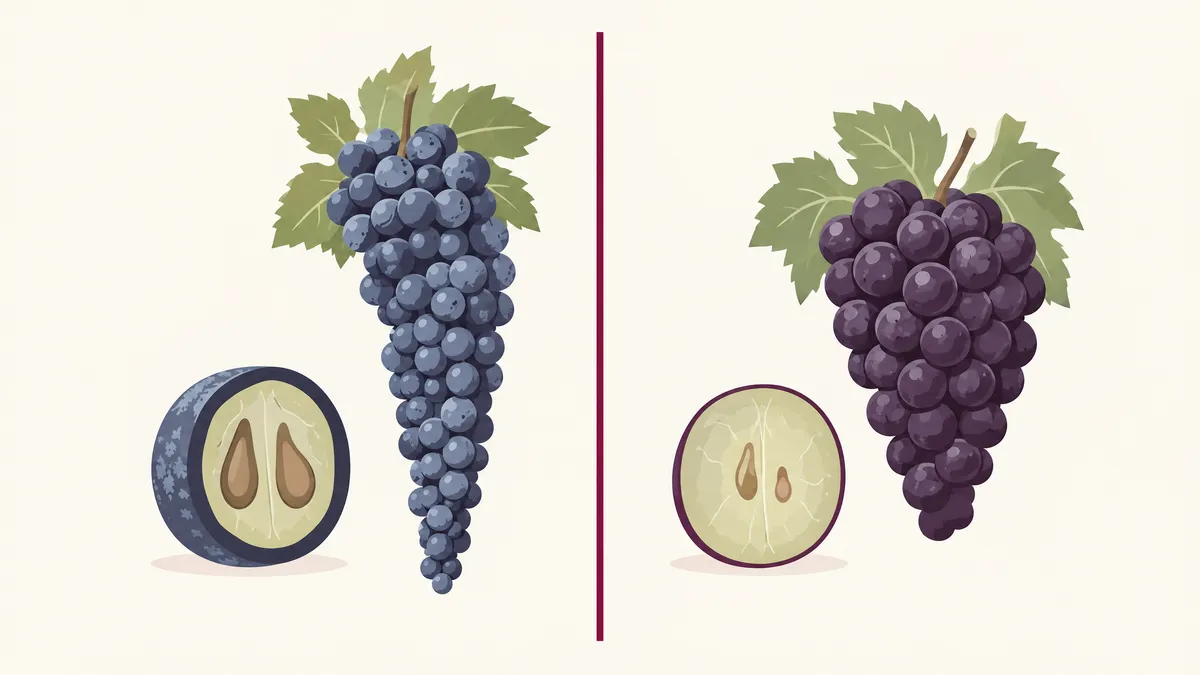 Diagram of two halved black grapes side by side: a small Cabernet Sauvignon berry with a thick skin and large seeds, and a Pinot Noir berry with a thin skin and more flesh