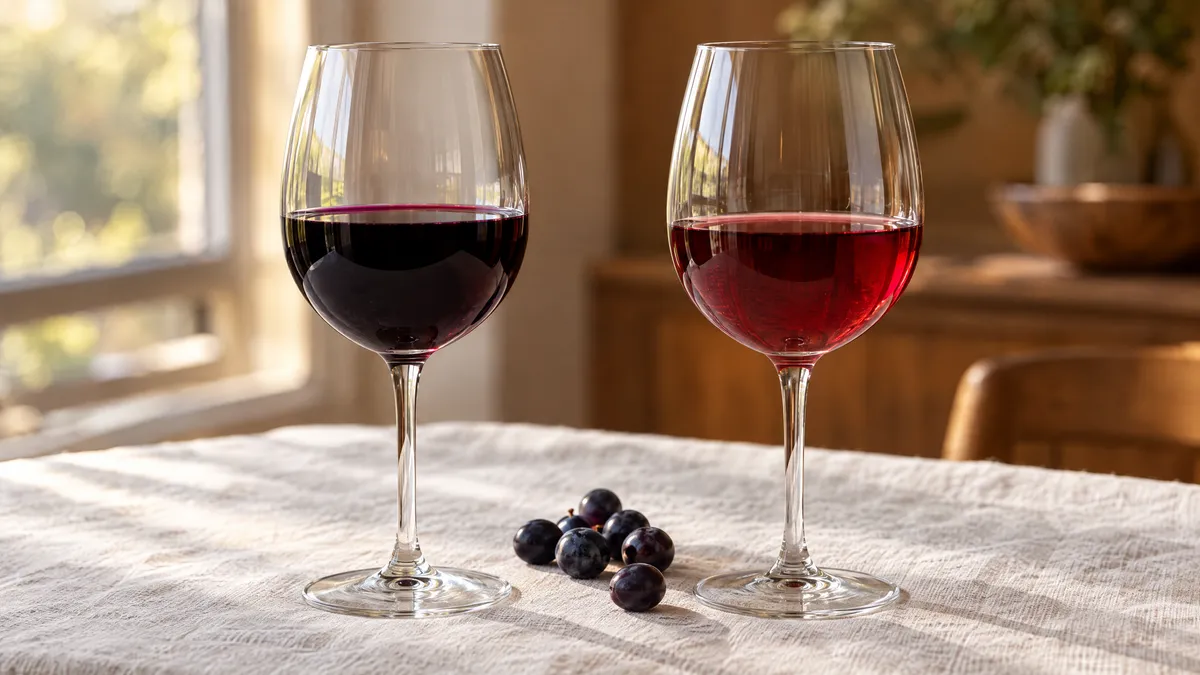 Two glasses of red wine side by side on white linen: a deep purple-red Cabernet Sauvignon and a pale, see-through ruby Pinot Noir