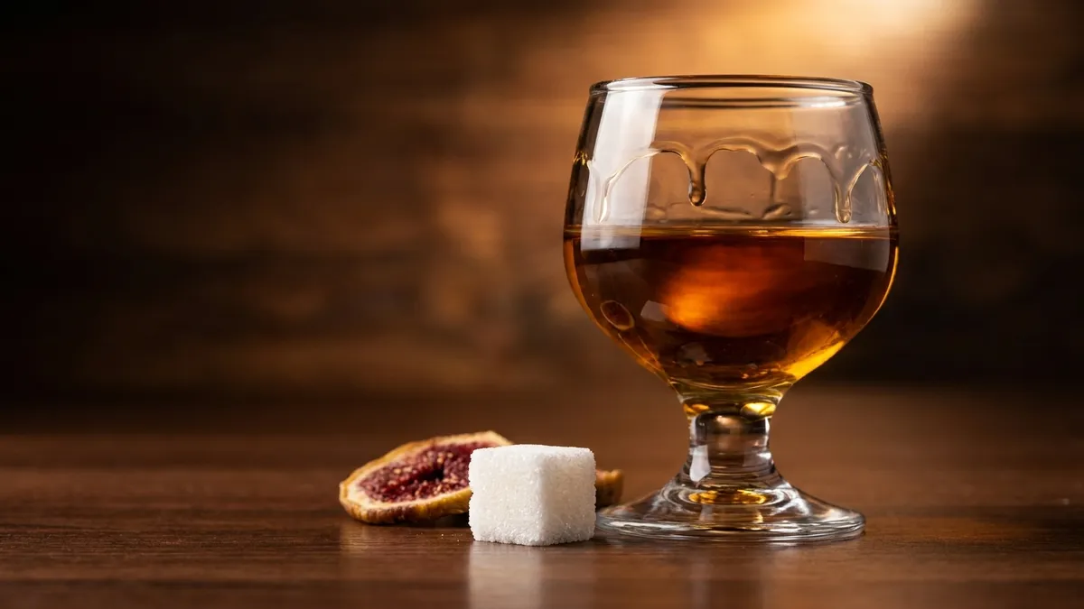 A small dessert wine pour next to a chocolate plate