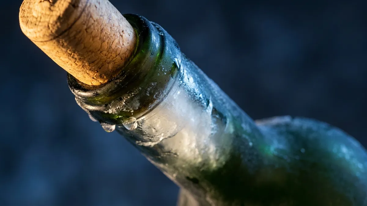 The neck of an unlabeled green wine bottle with its cork pushed partly out by a plug of frozen wine, frost coating the glass