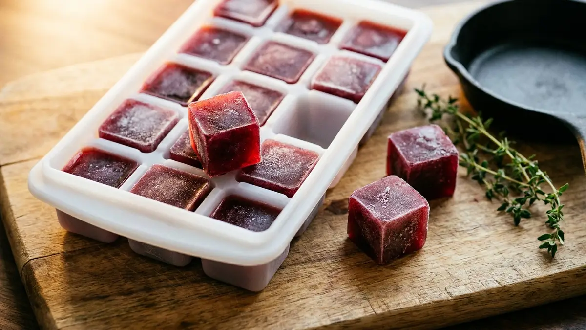 A white silicone ice cube tray of frozen ruby red wine cubes on a wooden board beside a small cast iron pan and fresh thyme