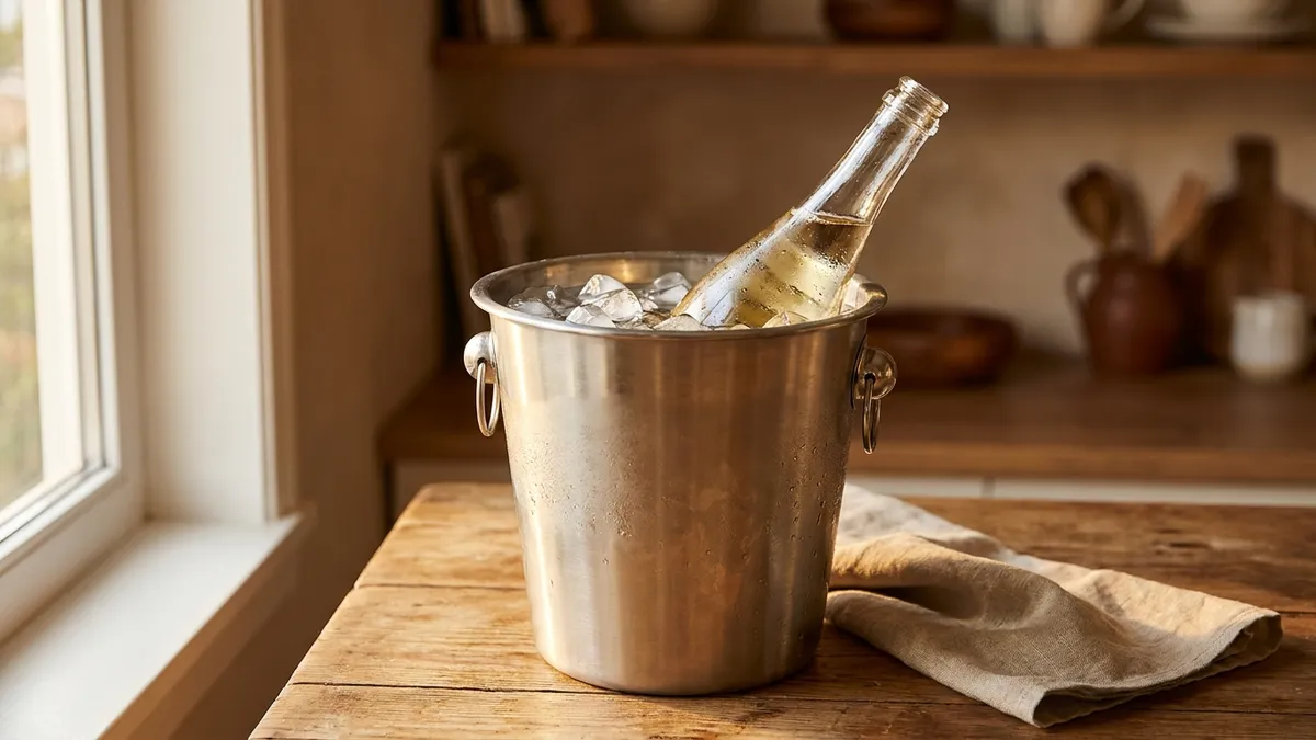 A steel bucket of ice on a wooden kitchen table with an unlabeled bottle of white wine plunged into it