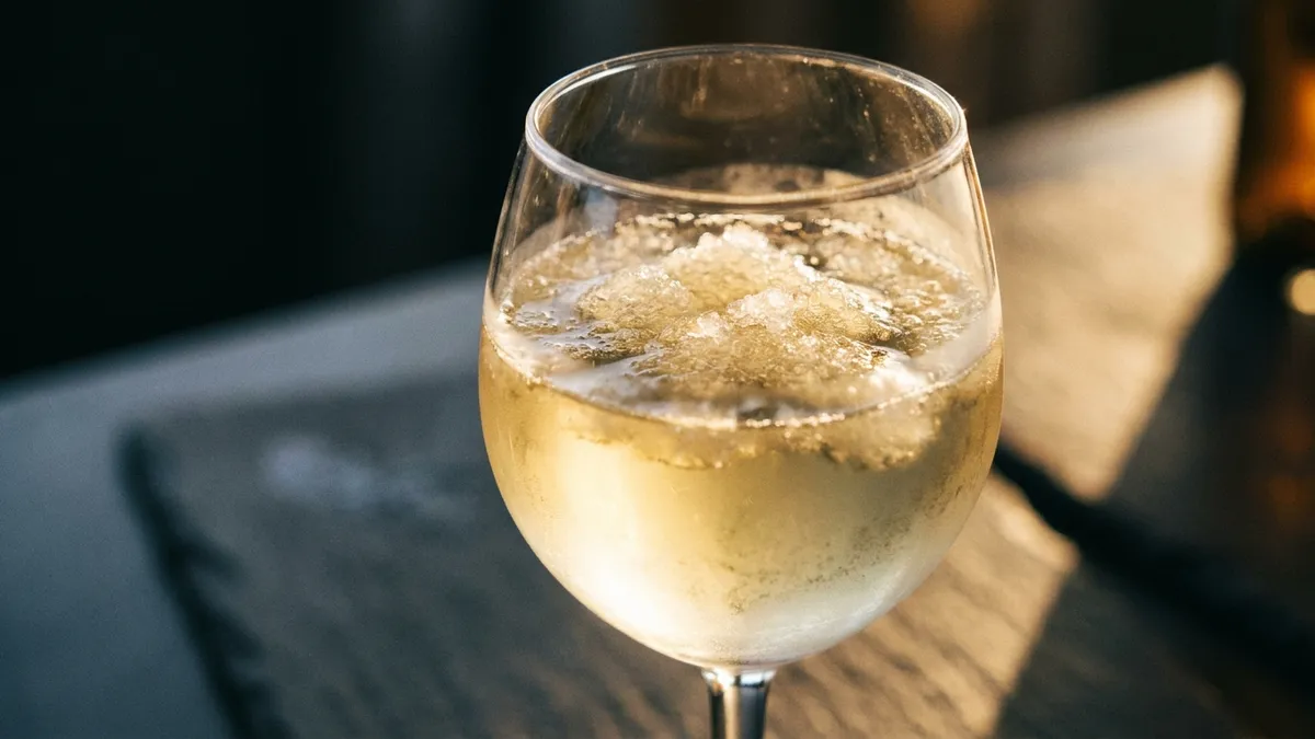 A stemmed glass of pale white wine topped with a loose cap of ice crystals, frost hazing the outside of the bowl