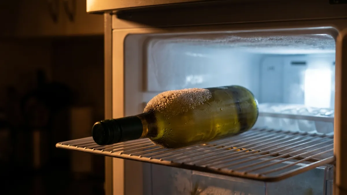 An unlabeled bottle of white wine lying on a freezer shelf, its shoulders dusted with frost in warm and icy light