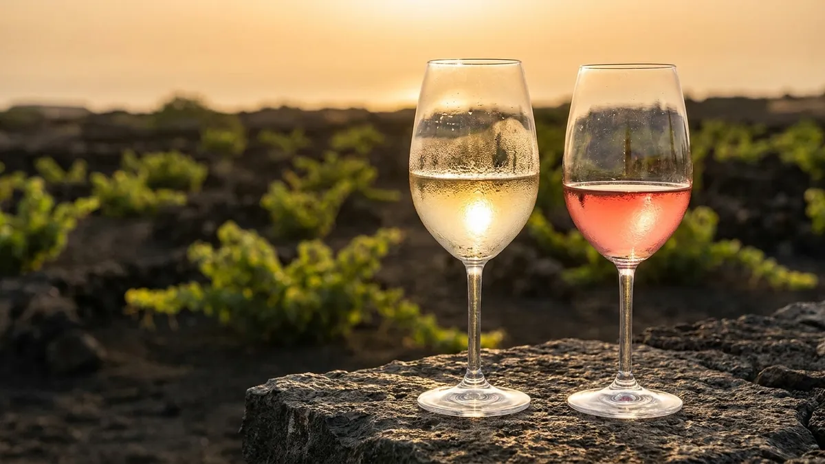 Two glasses side by side on dark volcanic rock, a pale gold Listán Blanco white and a translucent ruby Listán Negro red, with a black ash vineyard behind