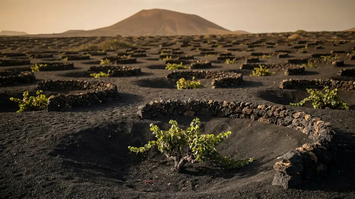 Black volcanic vineyard on Lanzarote with individual vines sitting in shallow ash pits ringed by low curved stone walls, a dormant volcano on the horizon