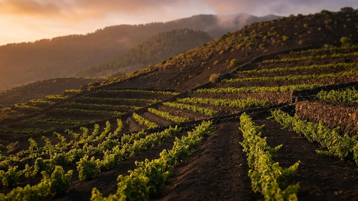 Terraced vineyards climbing the green volcanic slopes of La Palma, neat rows of vines on dark soil against a hazy mountain ridge