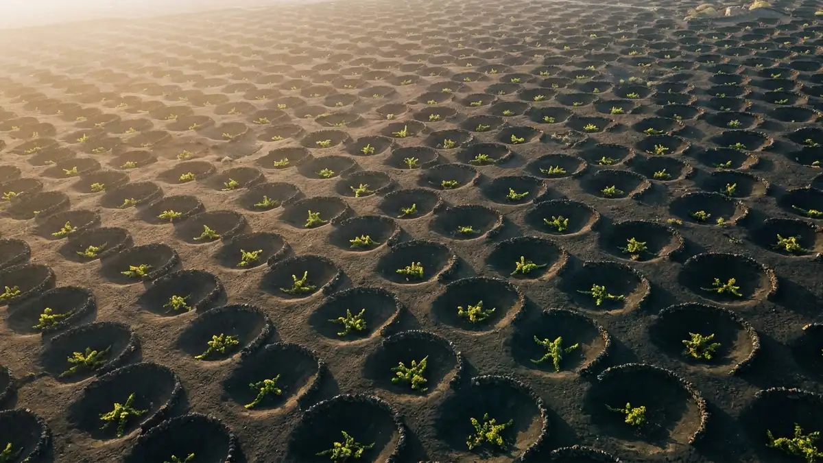 Aerial-style view across hundreds of black volcanic vine pits on Lanzarote, each single vine sheltered by a curved low wall of dark lava stone