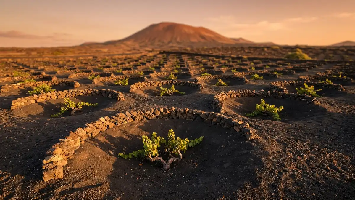 Black volcanic vineyard on Lanzarote with vines planted in shallow ash pits ringed by curved stone walls, the cone of a dormant volcano in the distance