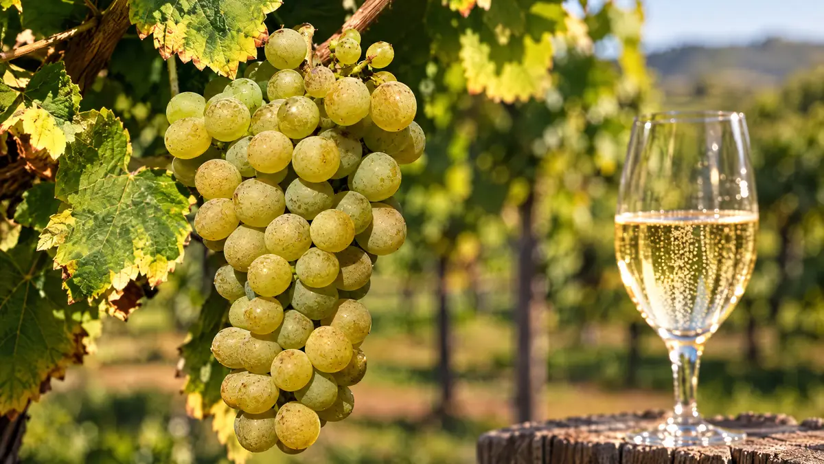 A ripe cluster of pale yellow-green Chenin Blanc grapes on the vine with a glass of sparkling wine blurred in the foreground