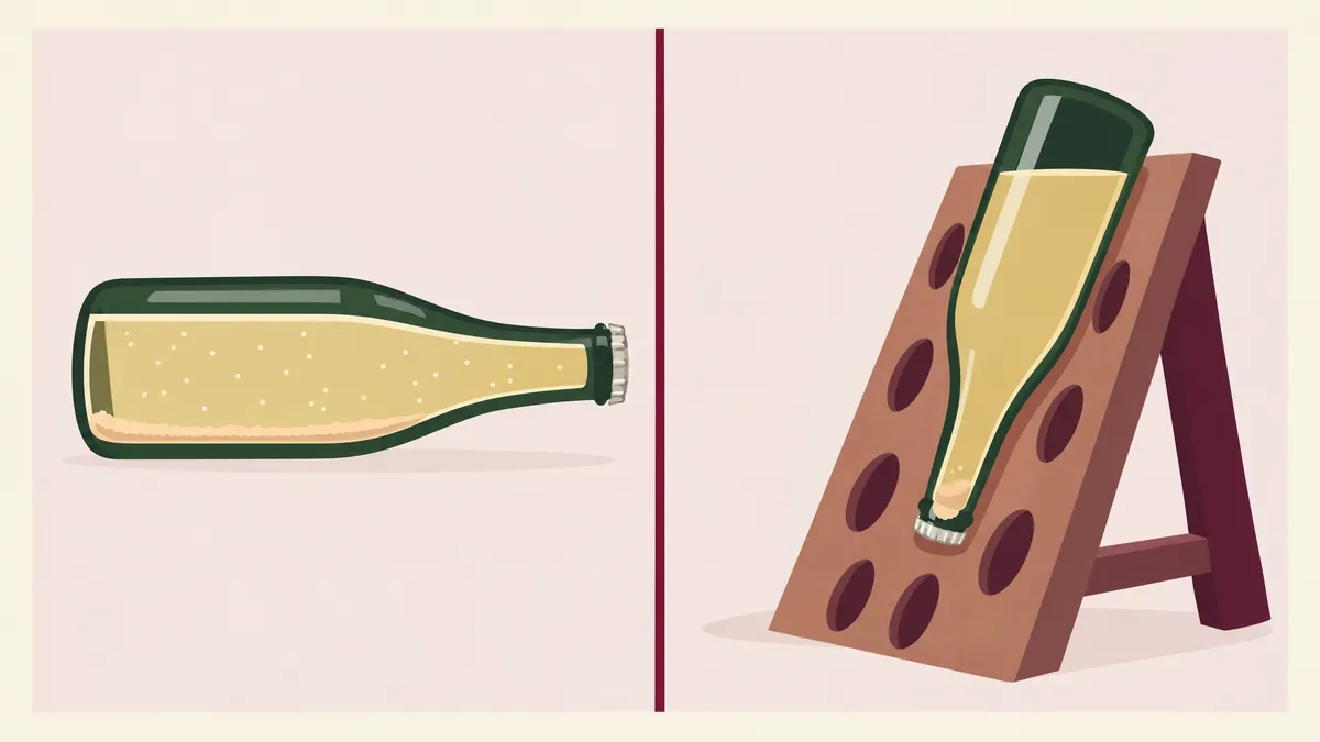 Two-panel illustration: a sparkling wine bottle lying on its side with yeast along its lower wall, then the bottle neck-down in a riddling rack with the yeast collected against the crown cap
