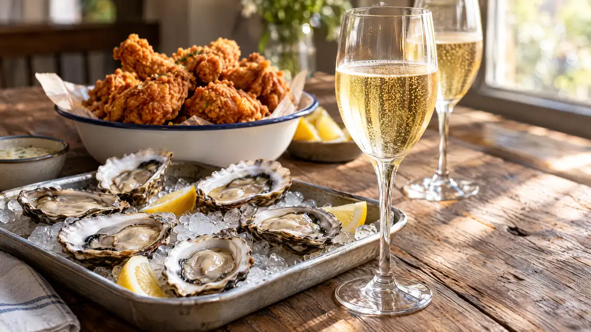 Fried chicken in an enamel bowl and oysters on crushed ice beside two glasses of pale gold sparkling wine on a wooden table