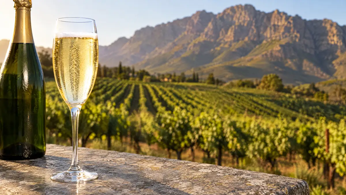 A glass of pale gold sparkling wine on a stone table, with vineyard rows and a rocky mountain ridge blurred behind in golden light