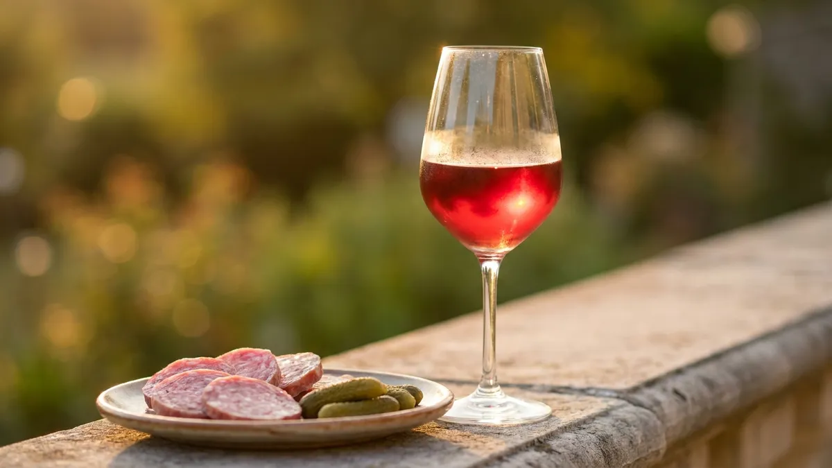 A stemmed glass of translucent ruby red wine on a stone ledge beside a small plate of cured sausage and cornichons, warm evening light