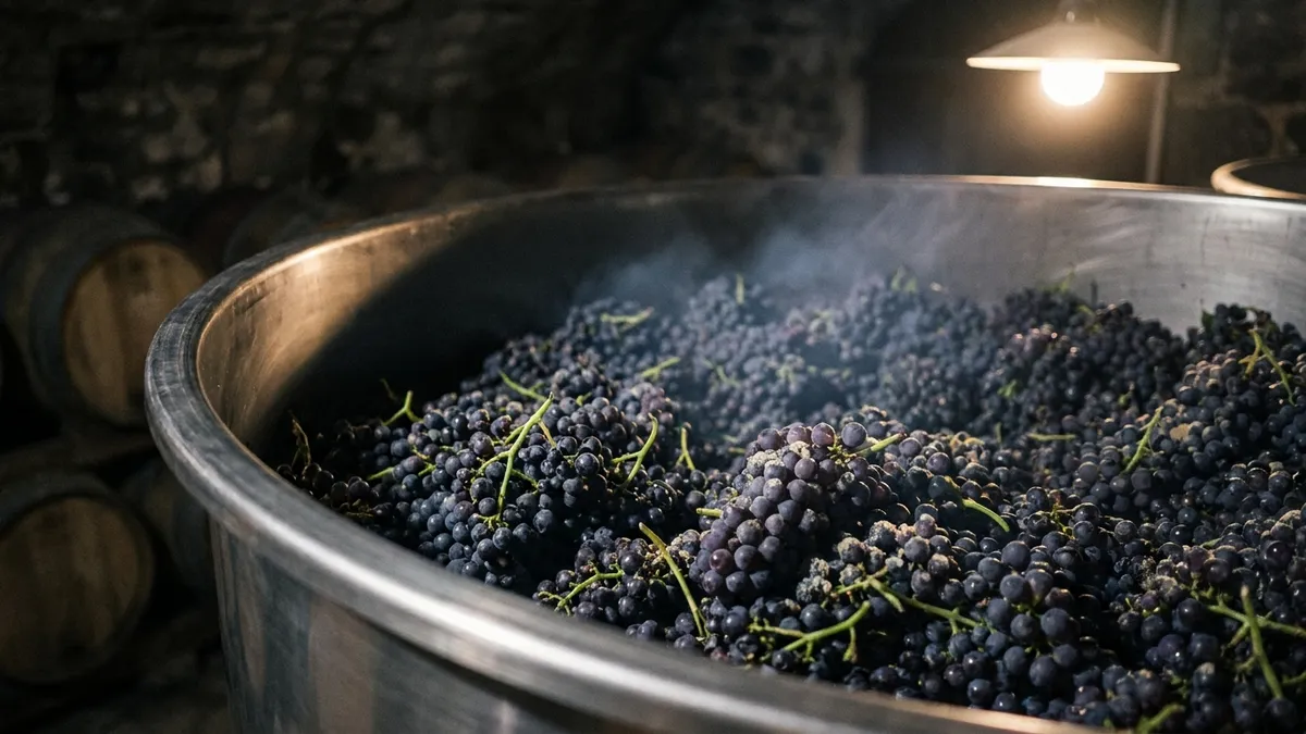 Whole purple grape clusters piled inside an open stainless-steel fermentation tank, lit by a single warm lamp in a dim cellar