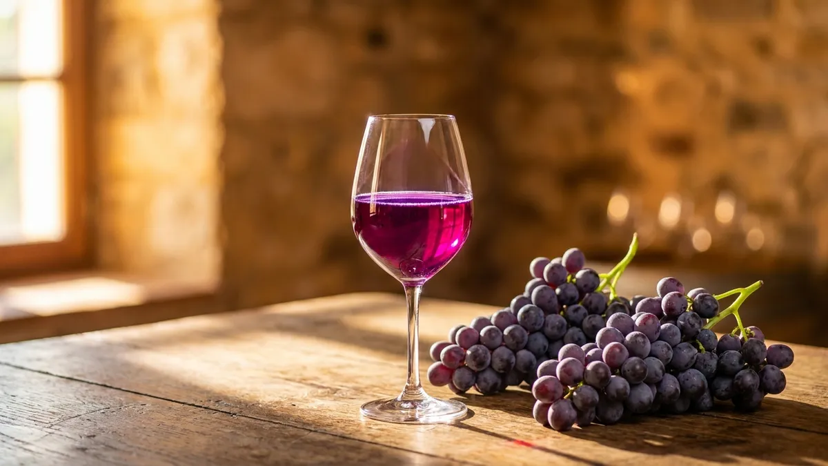 A glass of bright ruby young red wine beside whole purple grape clusters on a wooden cellar table in warm side light