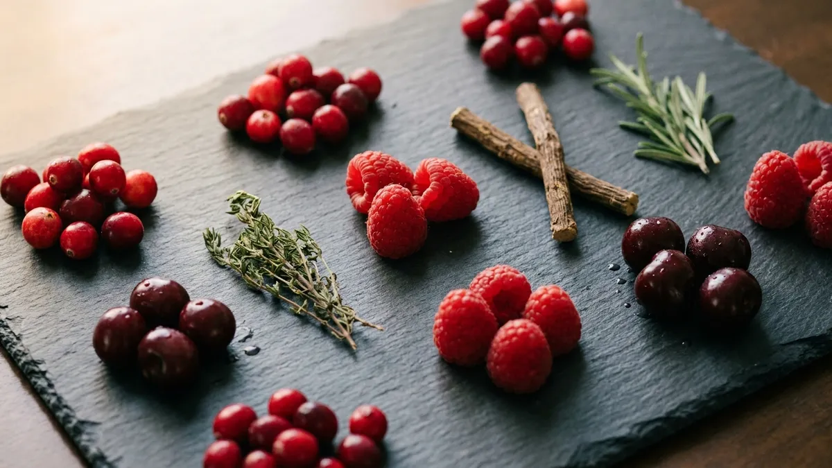 A flat-lay of Carignan tasting cues: tart cranberries, raspberries, sour cherries, dried herbs, and a licorice root arranged on a slate board