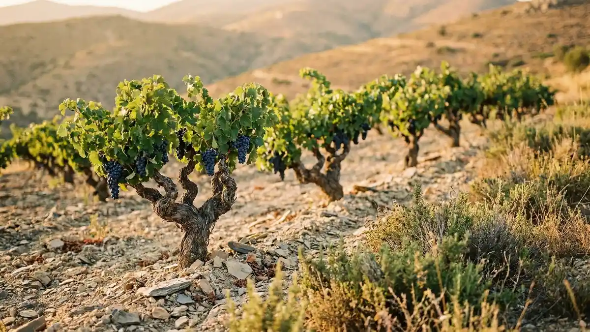 A vineyard of old gnarled Carignan bush vines on dry Mediterranean hillside soil under warm late-afternoon light