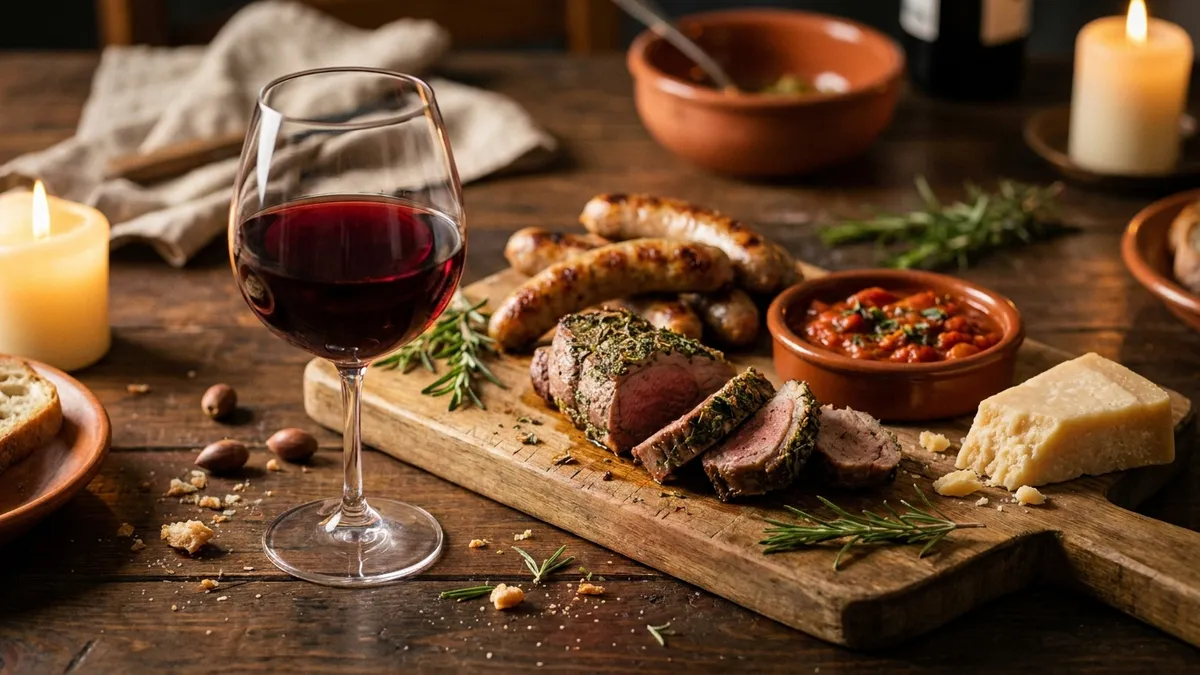 A rustic Mediterranean table set with grilled lamb, sausages, tomato dishes, and aged cheese beside a glass of deep ruby Carignan