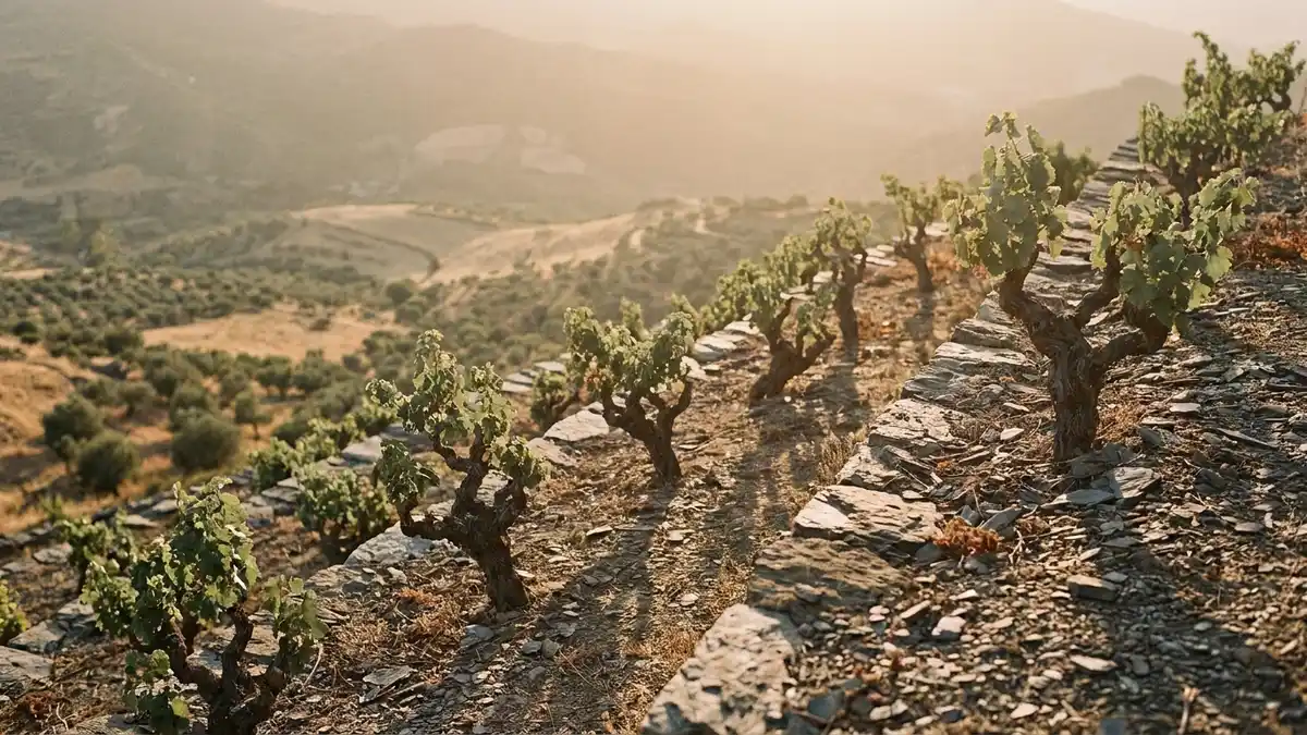 Steep terraced vineyards of old Carignan vines above a Mediterranean valley with dry scrubland and distant hills